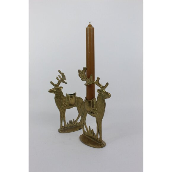 Vintage Brass Deer Candlestick Holders | Pair of Reindeer Candle Holders | 7' Ta - Picture 5 of 6